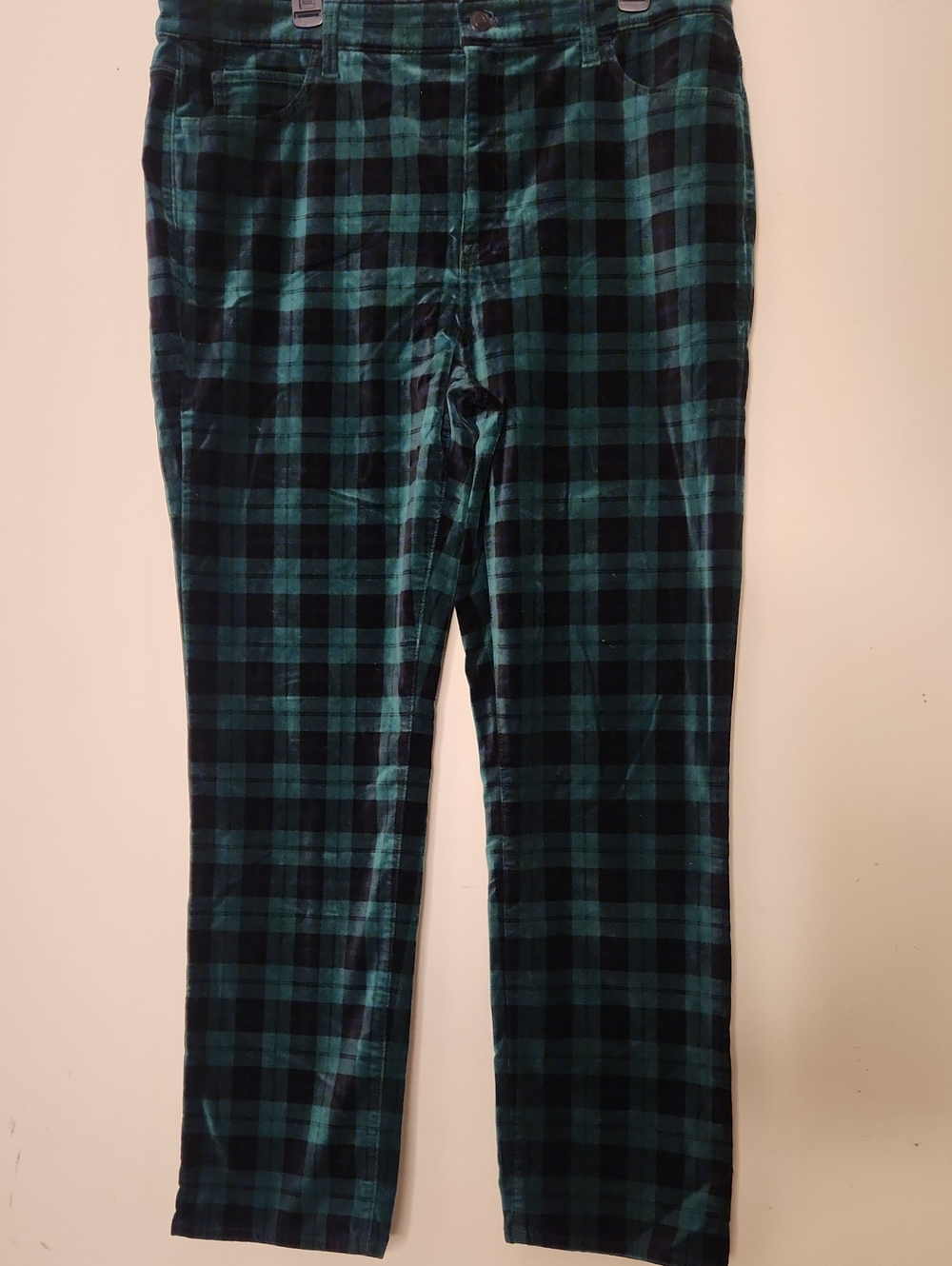 Womens Velvet Highrise Preppy Green and Black Festive Plaid Pants